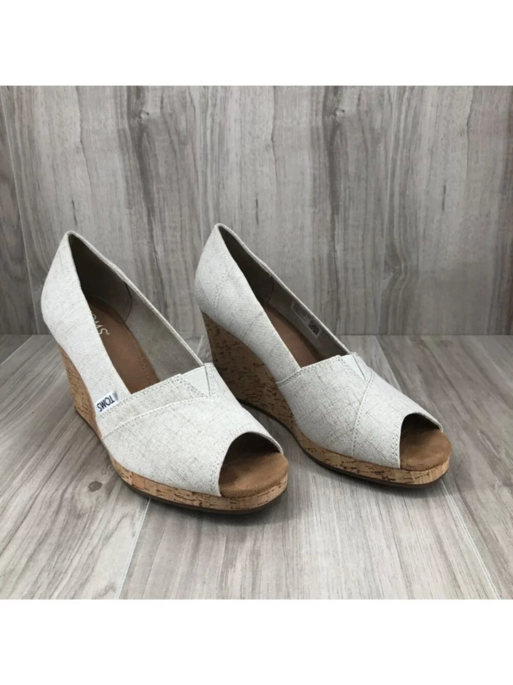 Toms Wedges Womens 8 Tan Slip On Peep Toe Cork Wedge Shoes